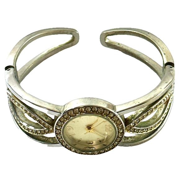 Vintage Silver-Tone Cuff Bracelet Watch with Rhinestones – Japan Movement Works - Picture 3 of 7